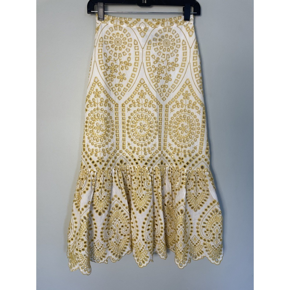 MinkPink Whilma Tiered MIDI Eyelet Gold/White FitNFlare Skirt. Size XS.